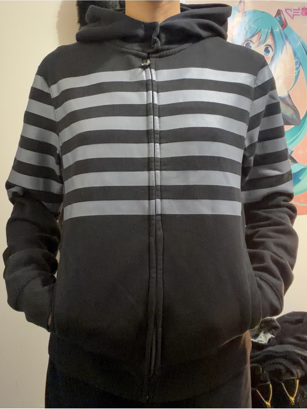 BRODY Y2K Dark Navy Hooded Zip Sweater with Gray Strips